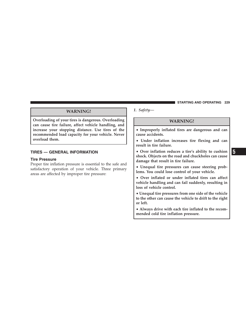 Tires — general information, Tire pressure | Chrysler 2007 300 SRT8 User Manual | Page 229 / 360