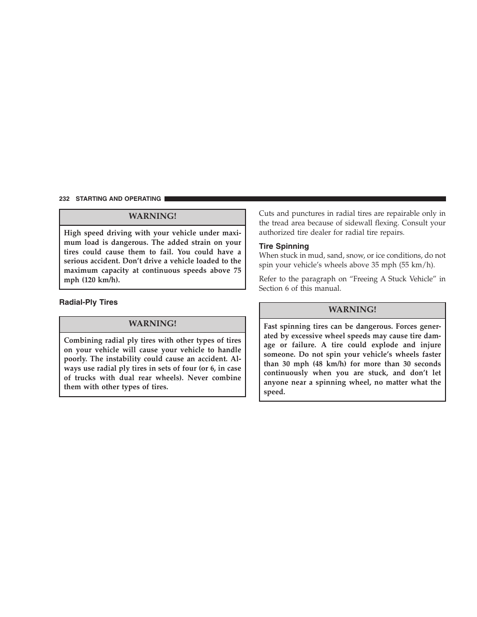 Radial-ply tires, Tire spinning | Chrysler 2007 300 SRT8 User Manual | Page 232 / 360