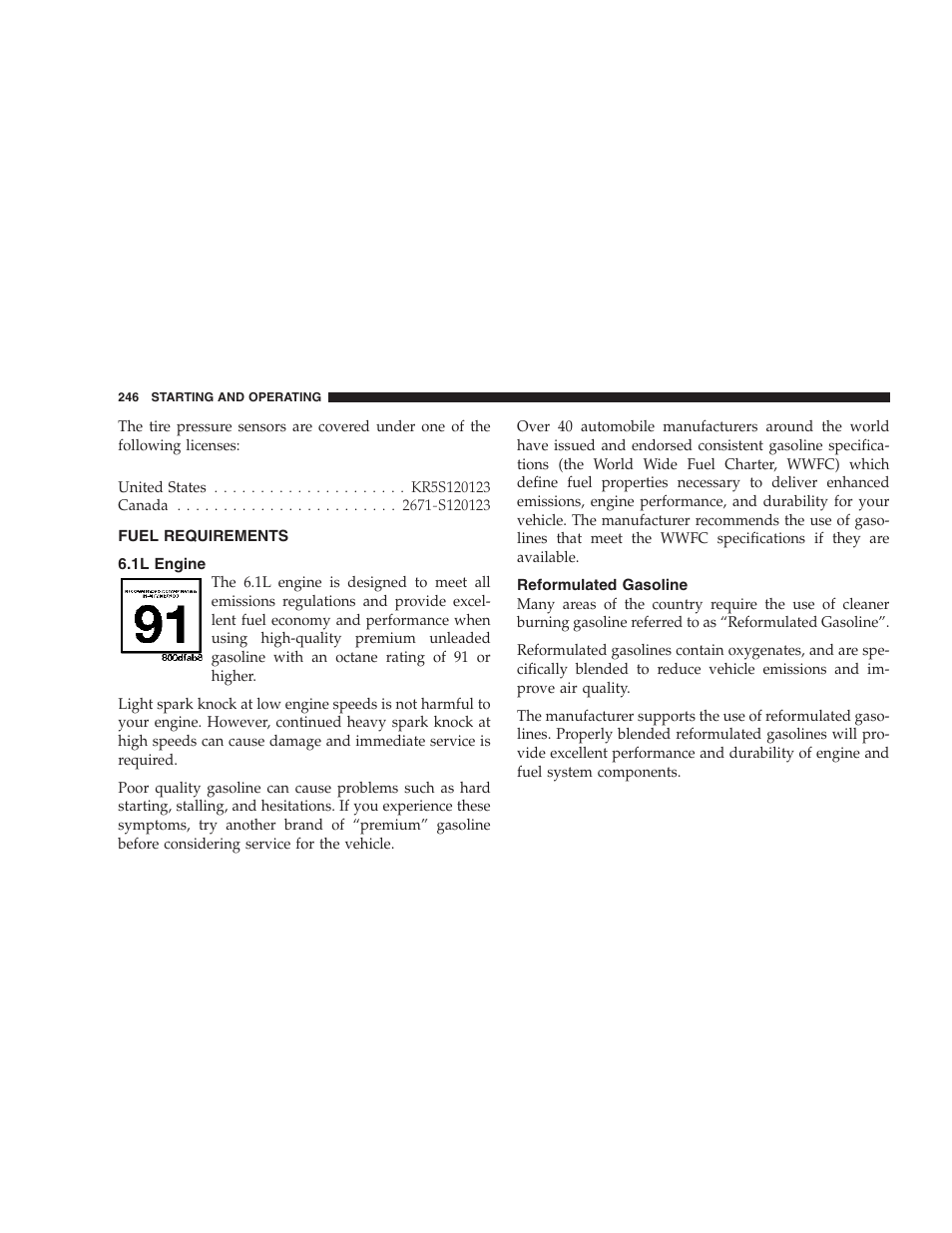 Fuel requirements, 1l engine, Reformulated gasoline | Chrysler 2007 300 SRT8 User Manual | Page 246 / 360