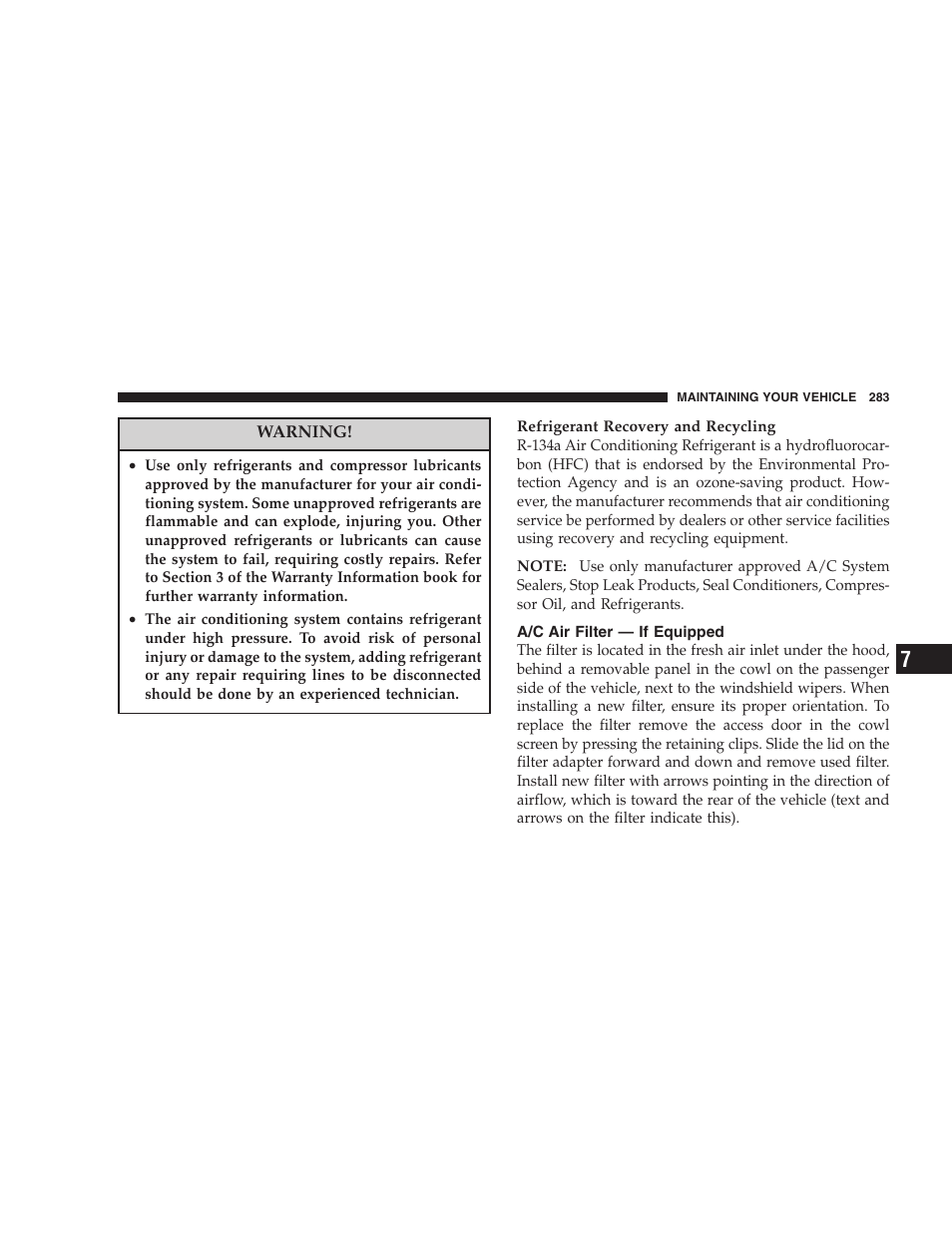 A/c air filter — if equipped | Chrysler 2007 300 SRT8 User Manual | Page 283 / 360
