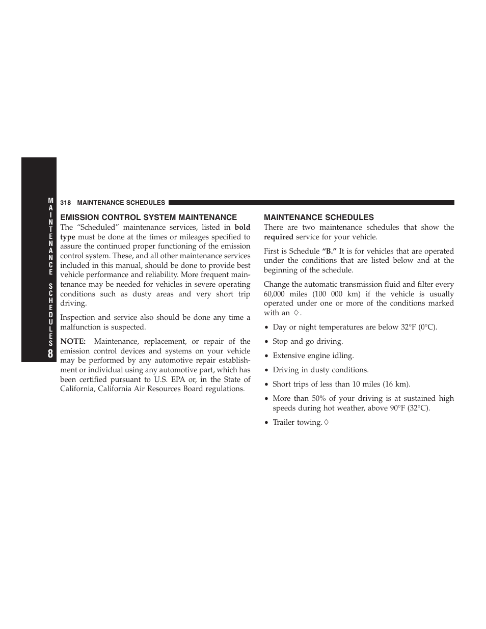 Emission control system maintenance, Maintenance schedules | Chrysler 2007 300 SRT8 User Manual | Page 318 / 360