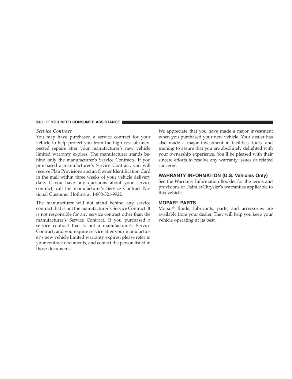 Warranty information (u.s. vehicles only), Mopar௡ parts | Chrysler 2007 300 SRT8 User Manual | Page 340 / 360