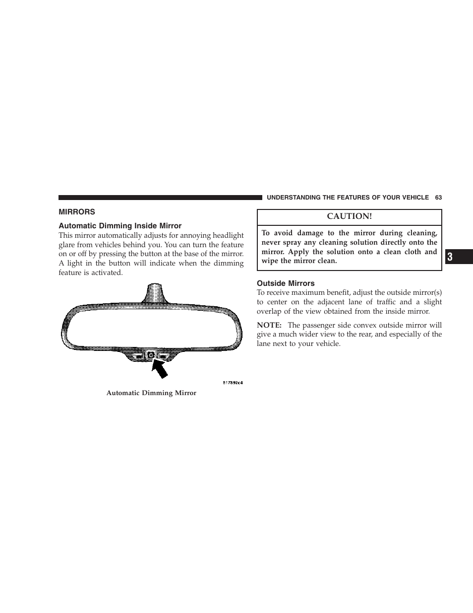 Mirrors, Automatic dimming inside mirror, Outside mirrors | Chrysler 2007 300 SRT8 User Manual | Page 63 / 360