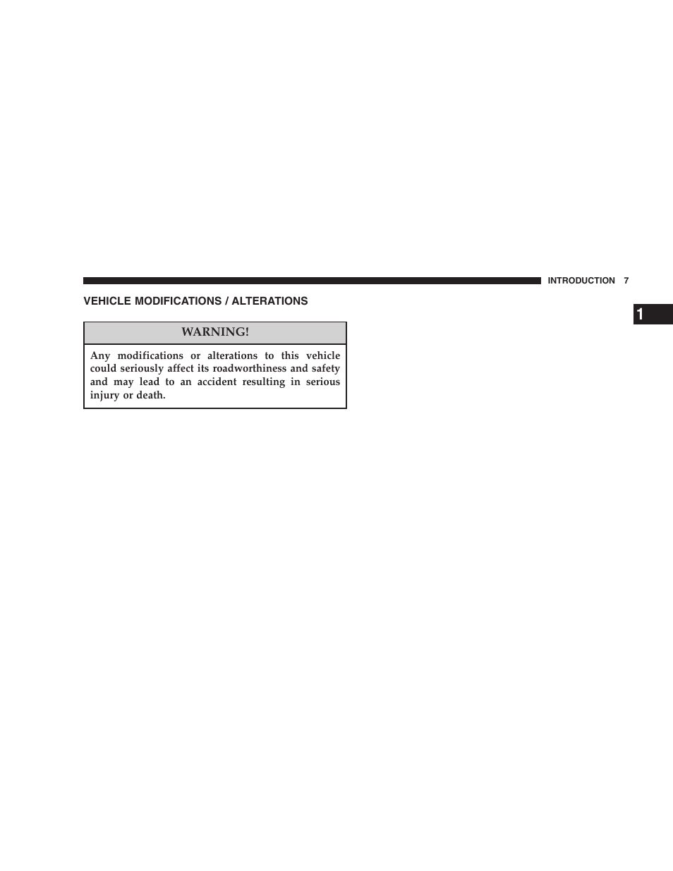 Vehicle modifications / alterations | Chrysler 2007 300 SRT8 User Manual | Page 7 / 360