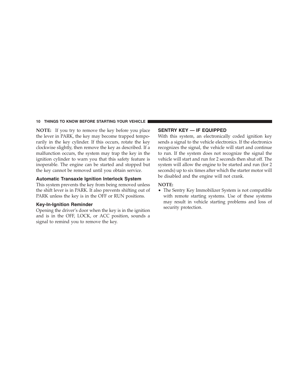 Automatic transaxle ignition interlock system, Key-in-ignition reminder, Sentry key — if equipped | Chrysler 2005 Sebring Convertible User Manual | Page 10 / 292
