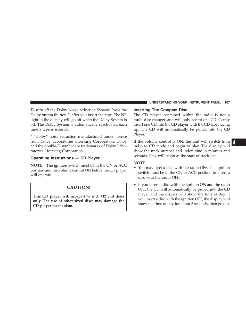 Operating instructions — cd player, Inserting the compact disc | Chrysler 2005 Sebring Convertible User Manual | Page 107 / 292