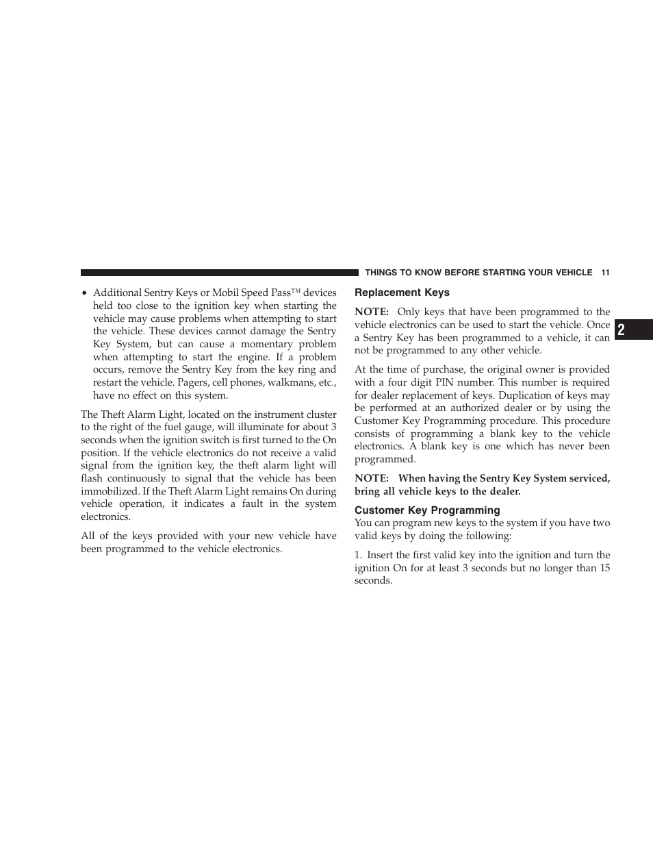 Replacement keys, Customer key programming | Chrysler 2005 Sebring Convertible User Manual | Page 11 / 292