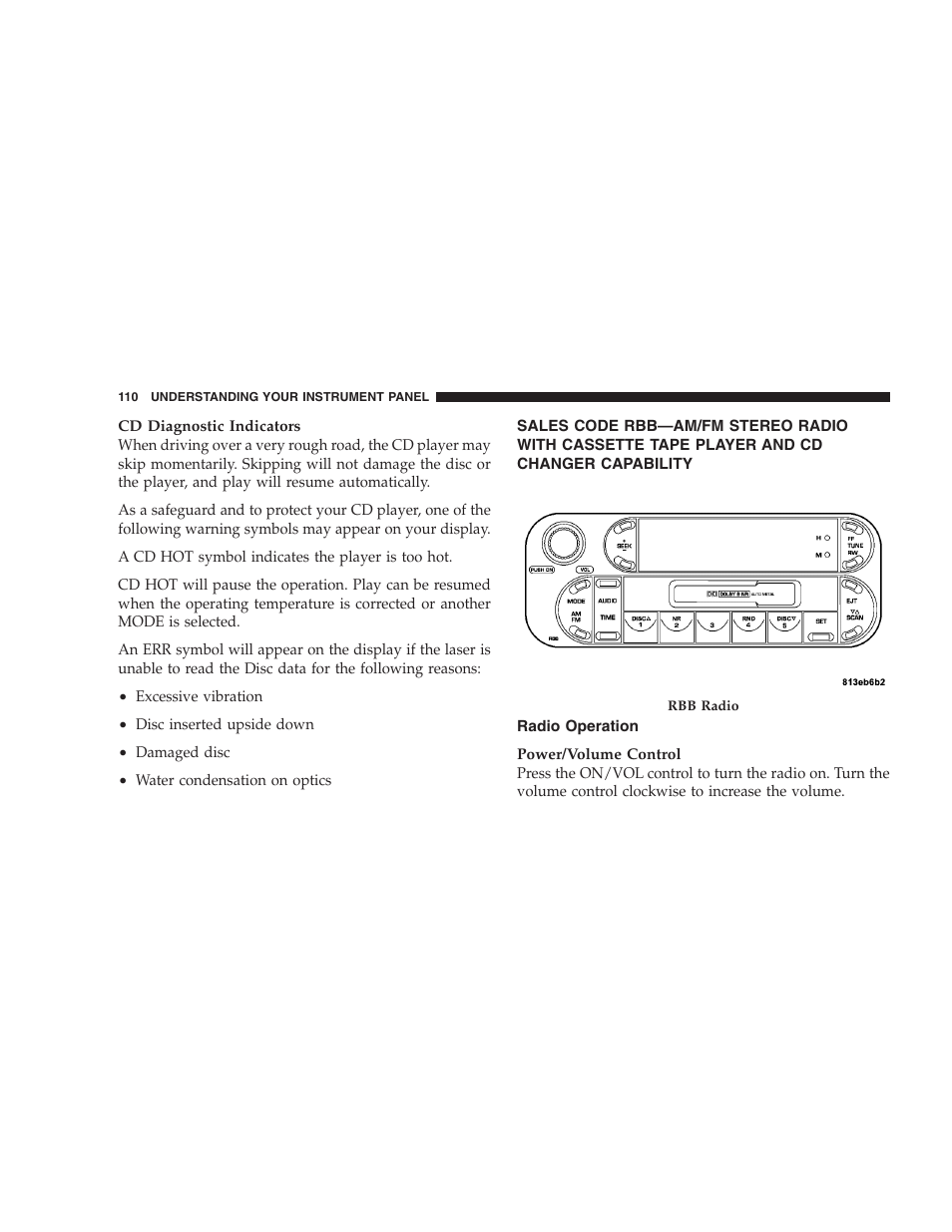 Sales code rbb—am/fm stereo radio, Radio operation | Chrysler 2005 Sebring Convertible User Manual | Page 110 / 292