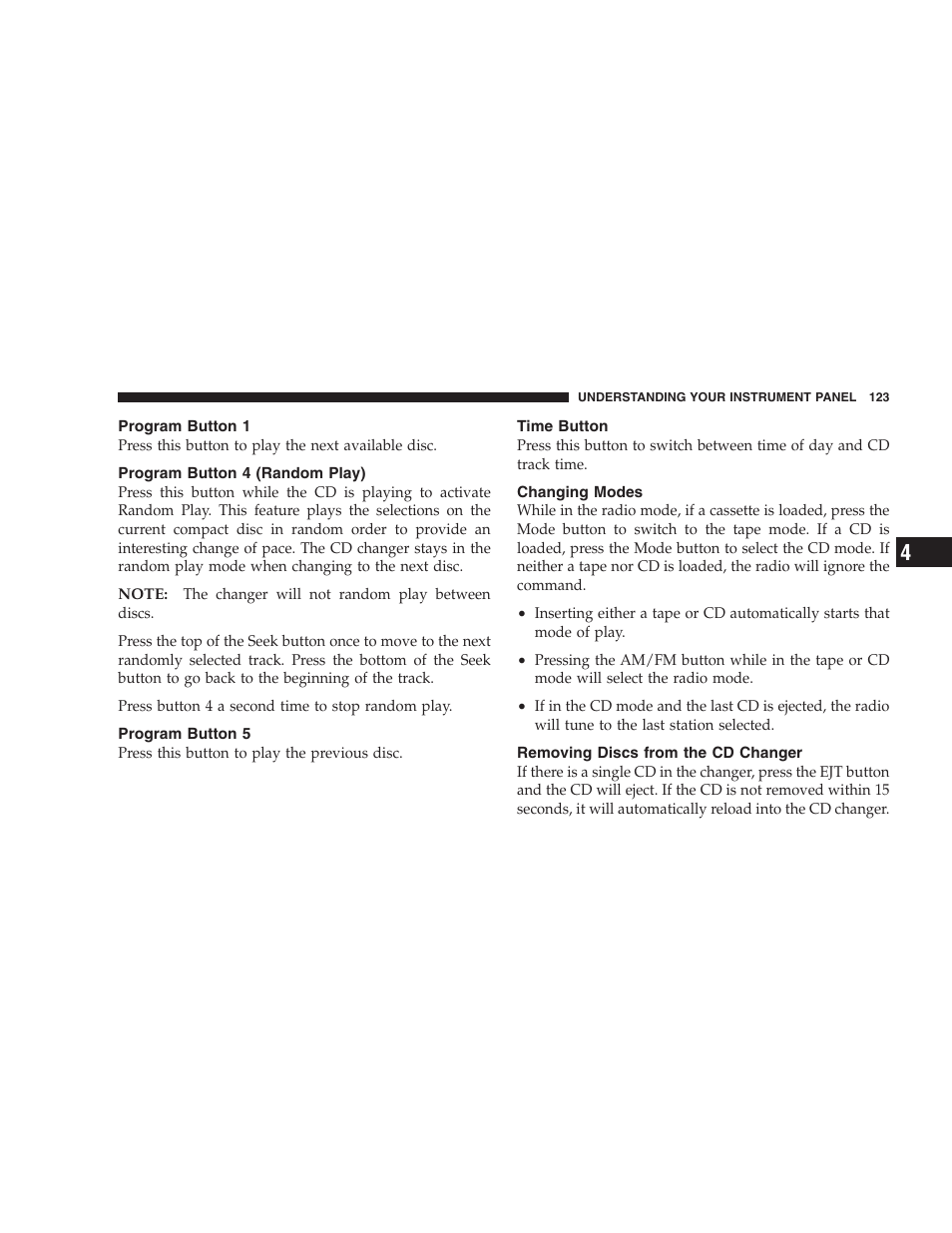 Program button 1, Program button 4 (random play), Program button 5 | Time button, Changing modes, Removing discs from the cd changer | Chrysler 2005 Sebring Convertible User Manual | Page 123 / 292