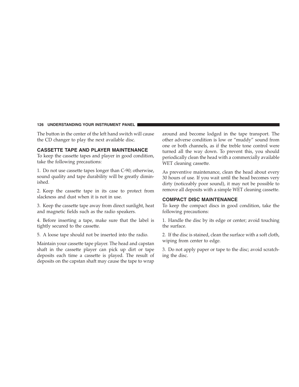 Cassette tape and player maintenance, Compact disc maintenance | Chrysler 2005 Sebring Convertible User Manual | Page 126 / 292