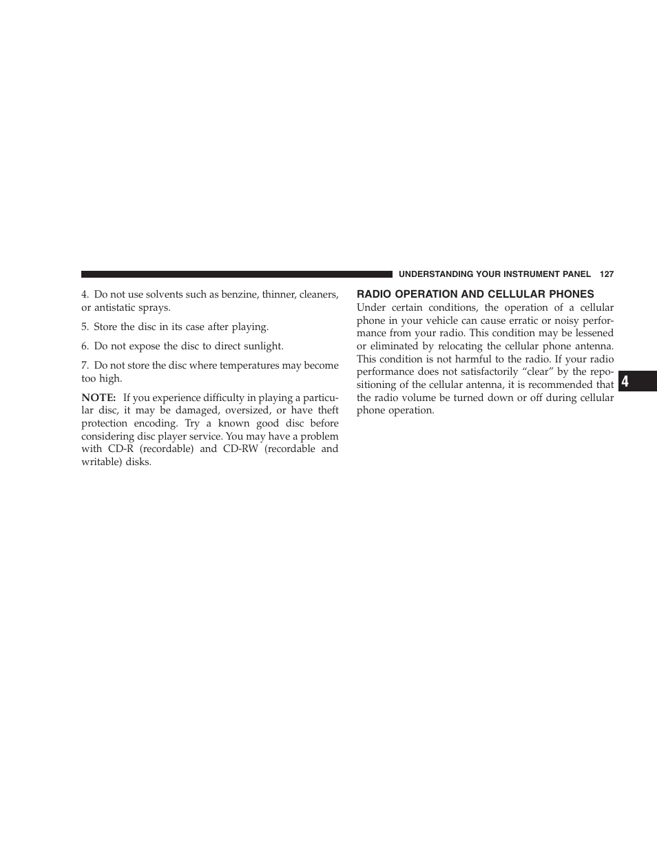 Radio operation and cellular phones | Chrysler 2005 Sebring Convertible User Manual | Page 127 / 292