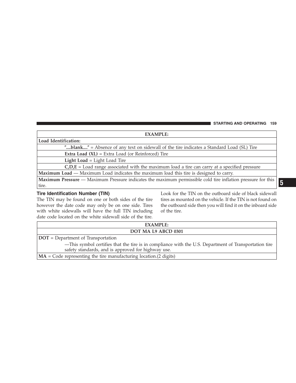 Tire identification number (tin) | Chrysler 2005 Sebring Convertible User Manual | Page 159 / 292