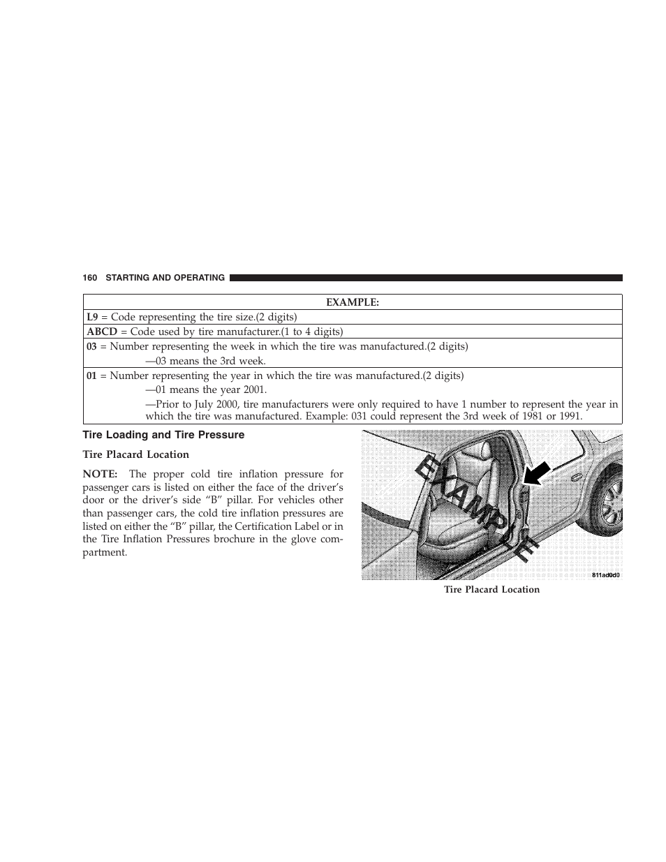 Tire loading and tire pressure | Chrysler 2005 Sebring Convertible User Manual | Page 160 / 292