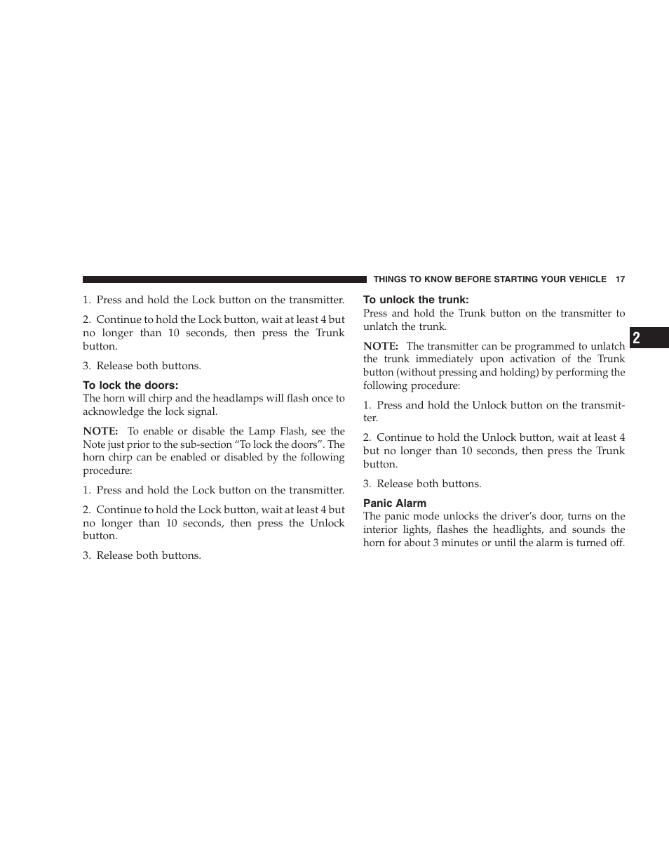 To lock the doors, To unlock the trunk, Panic alarm | Chrysler 2005 Sebring Convertible User Manual | Page 17 / 292