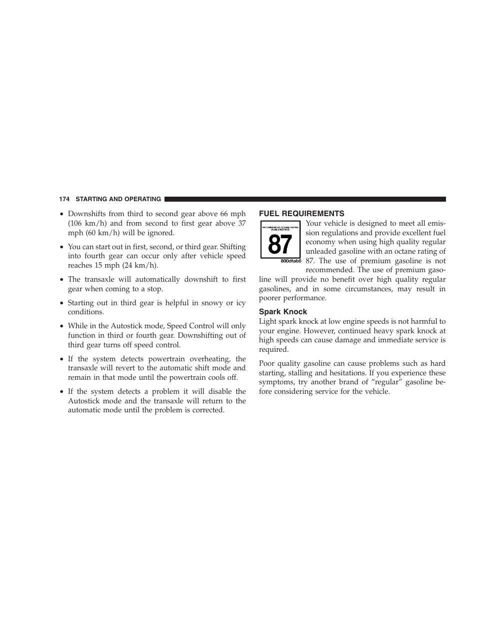 Fuel requirements, Spark knock | Chrysler 2005 Sebring Convertible User Manual | Page 174 / 292