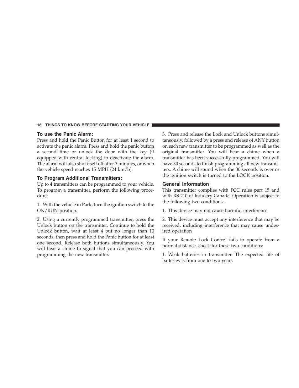To use the panic alarm, To program additional transmitters, General information | Chrysler 2005 Sebring Convertible User Manual | Page 18 / 292