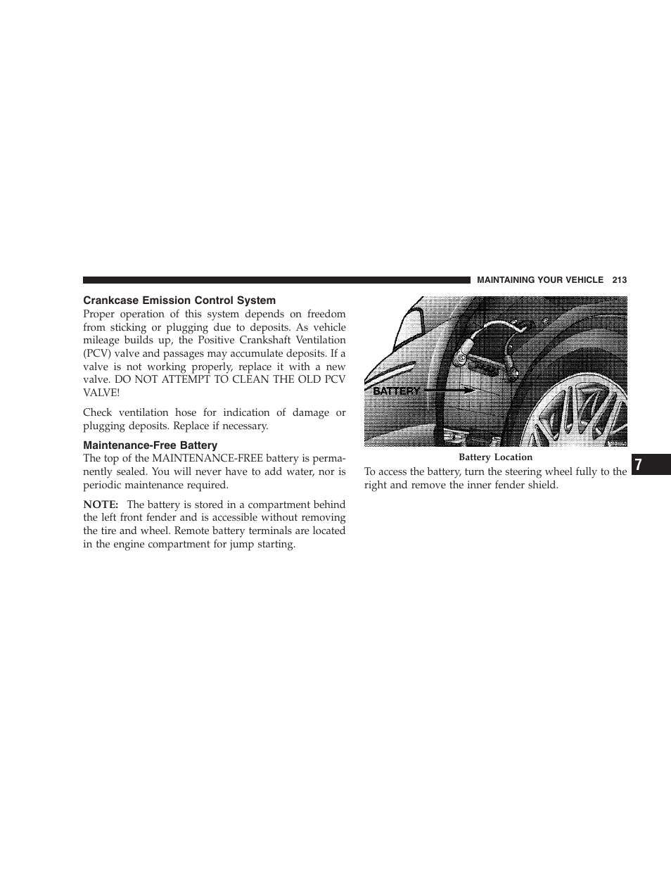 Crankcase emission control system, Maintenance-free battery | Chrysler 2005 Sebring Convertible User Manual | Page 213 / 292