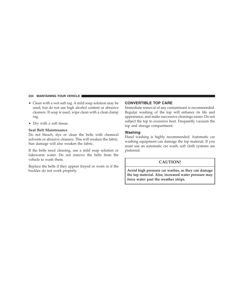 Convertible top care, Washing | Chrysler 2005 Sebring Convertible User Manual | Page 234 / 292