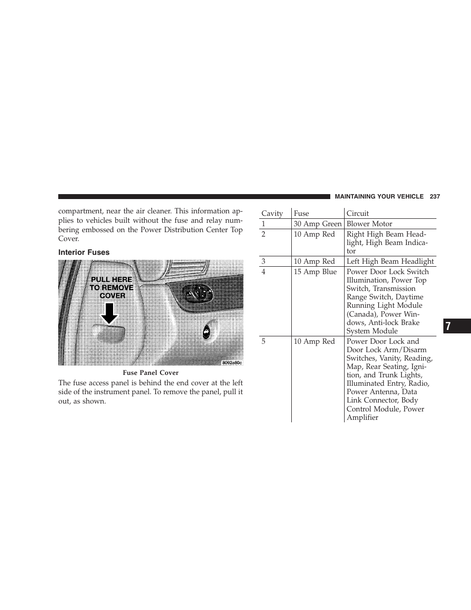 Interior fuses | Chrysler 2005 Sebring Convertible User Manual | Page 237 / 292