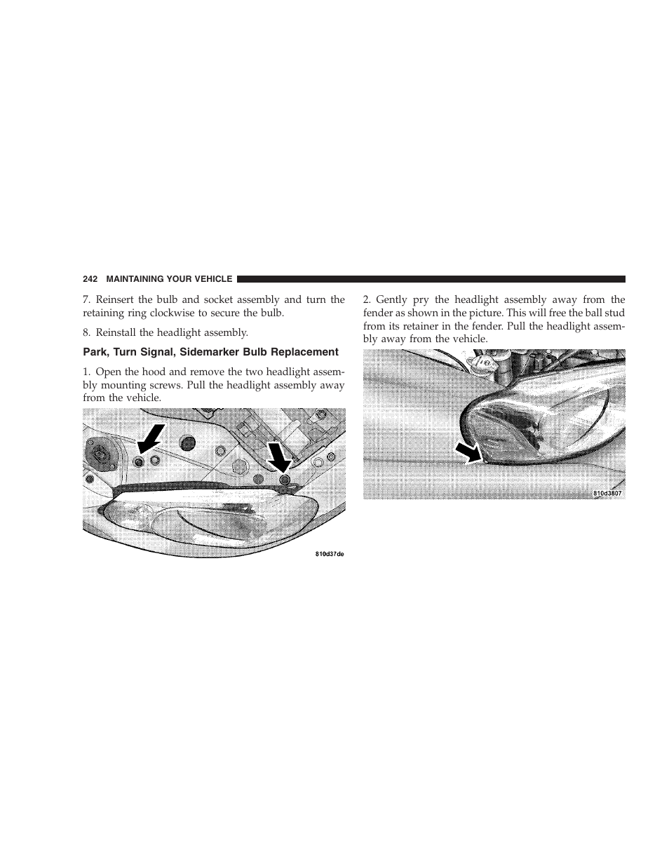 Park, turn signal, sidemarker, Bulb replacement | Chrysler 2005 Sebring Convertible User Manual | Page 242 / 292