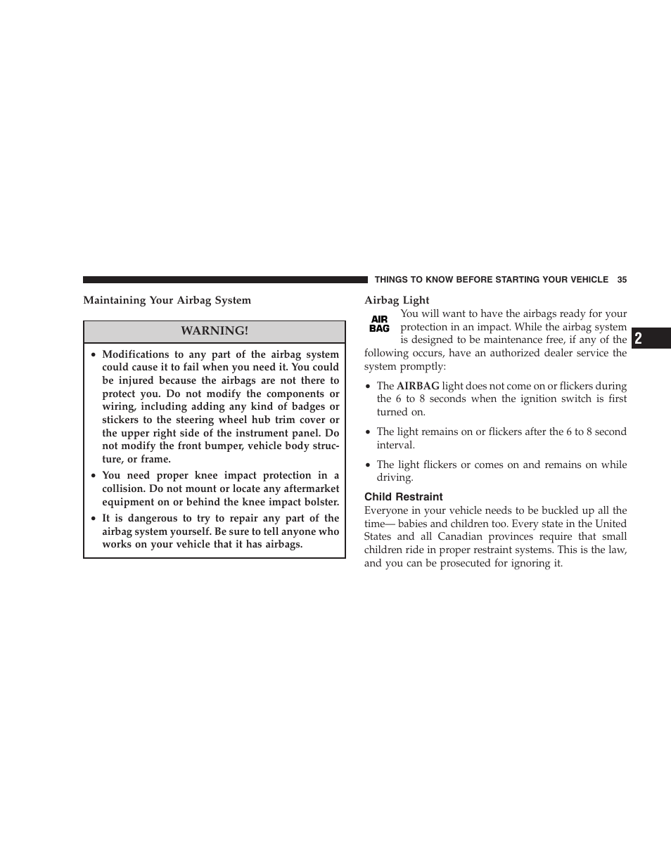 Child restraint | Chrysler 2005 Sebring Convertible User Manual | Page 35 / 292