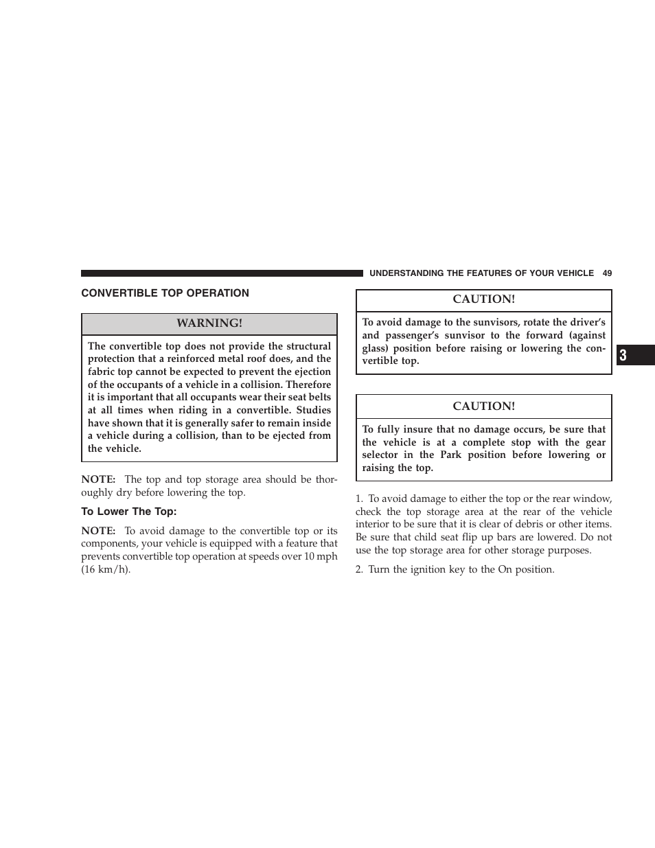 Convertible top operation, To lower the top | Chrysler 2005 Sebring Convertible User Manual | Page 49 / 292