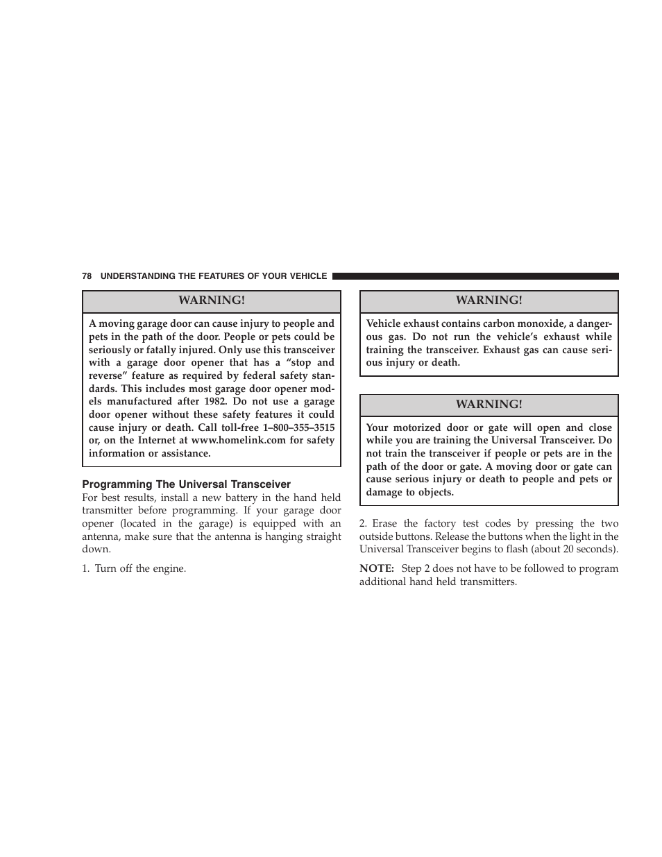 Programming the universal transceiver | Chrysler 2005 Sebring Convertible User Manual | Page 78 / 292