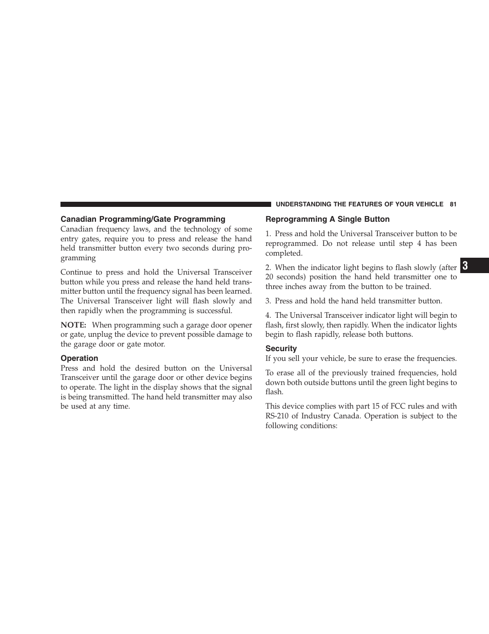 Canadian programming/gate programming, Operation, Reprogramming a single button | Security | Chrysler 2005 Sebring Convertible User Manual | Page 81 / 292