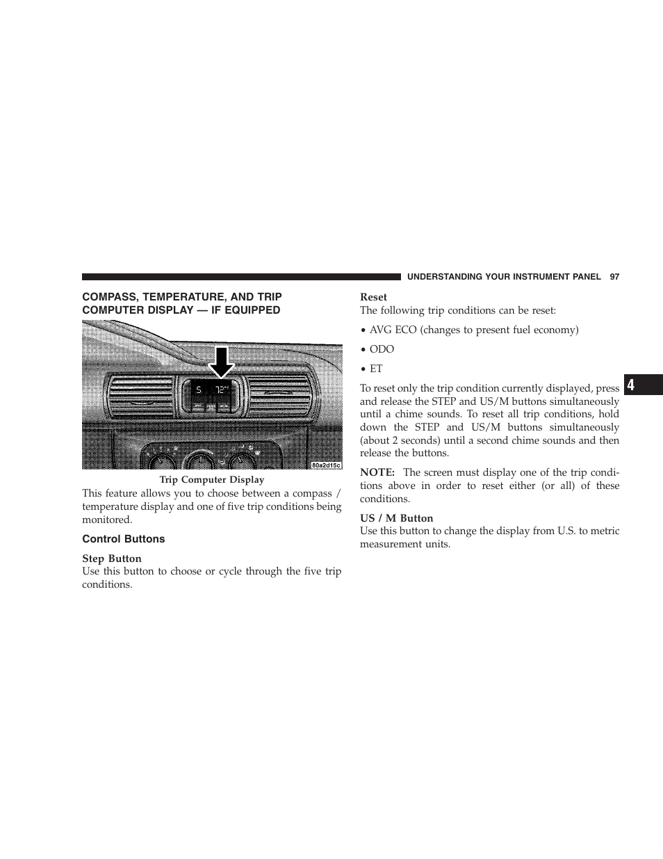 Compass, temperature, and trip computer, Display — if equipped, Control buttons | Chrysler 2005 Sebring Convertible User Manual | Page 97 / 292