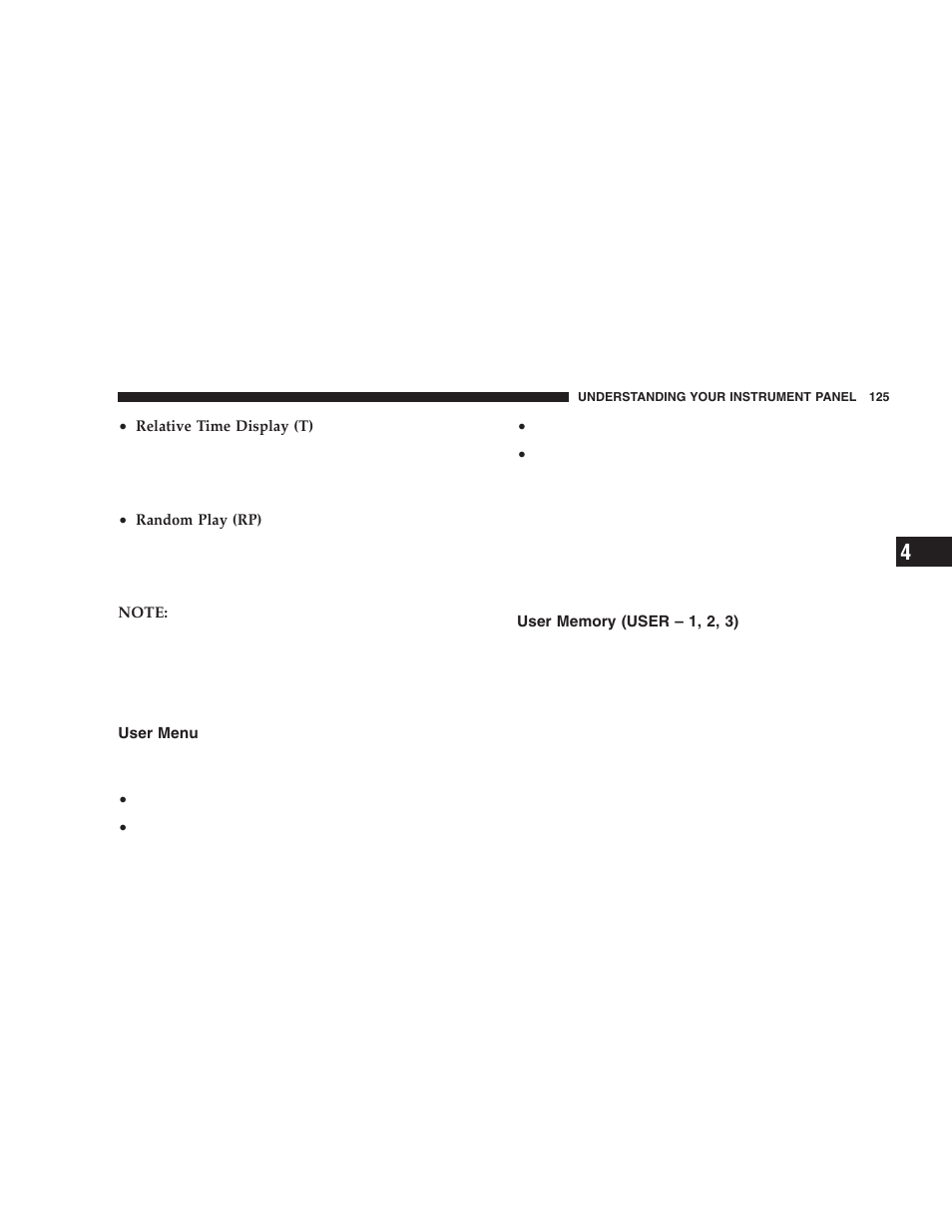 User menu, User memory (user – 1, 2, 3) | Chrysler 2006 Crossfire User Manual | Page 125 / 296