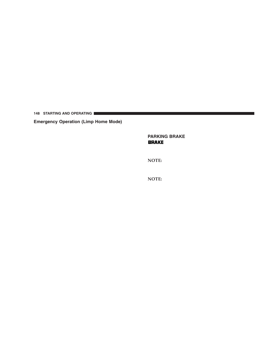 Emergency operation (limp home mode), Parking brake | Chrysler 2006 Crossfire User Manual | Page 148 / 296