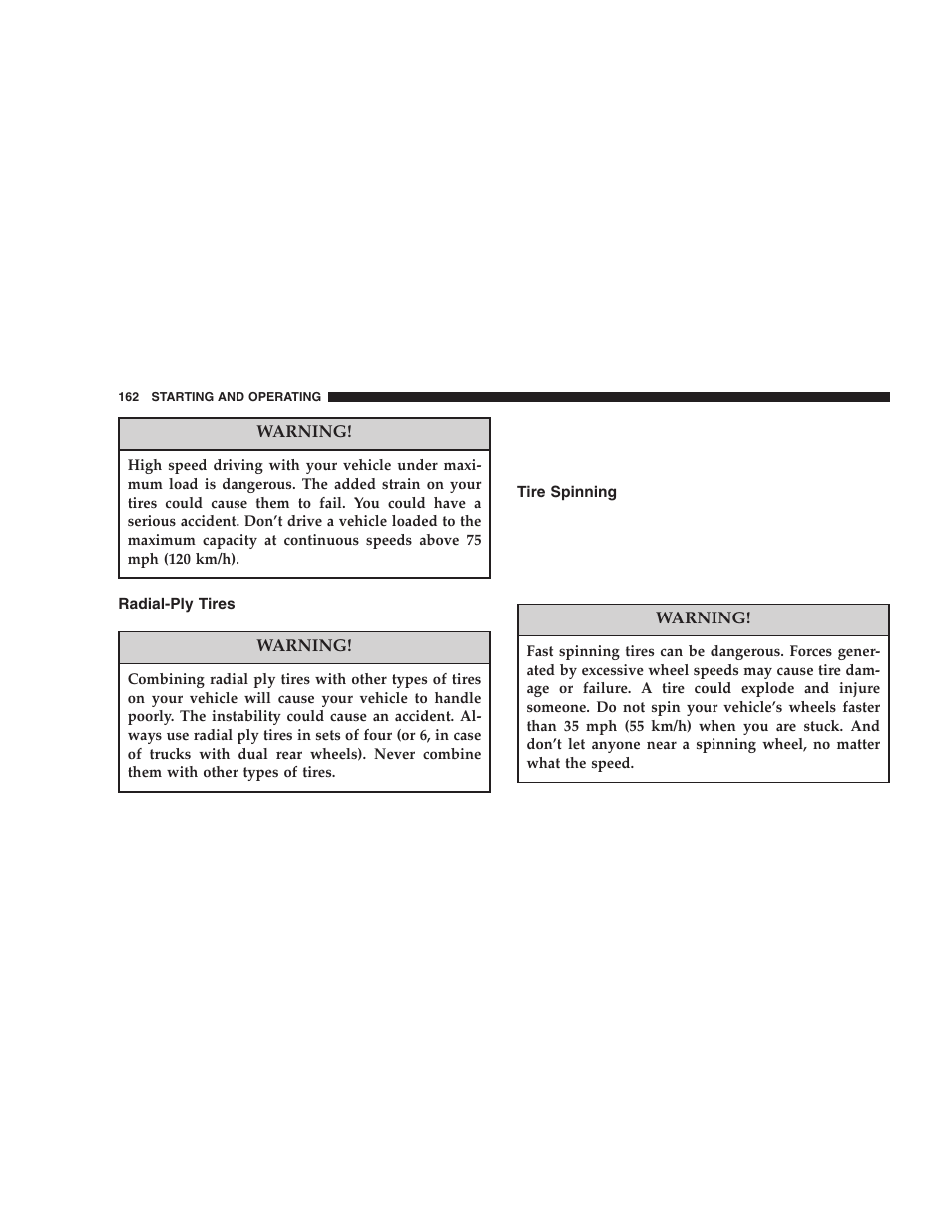 Radial-ply tires, Tire spinning | Chrysler 2006 Crossfire User Manual | Page 162 / 296