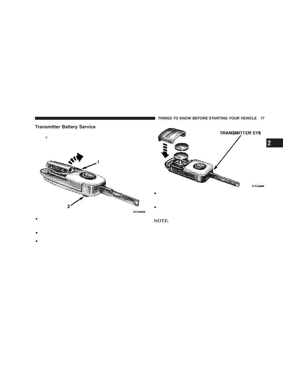 Transmitter battery service | Chrysler 2006 Crossfire User Manual | Page 17 / 296