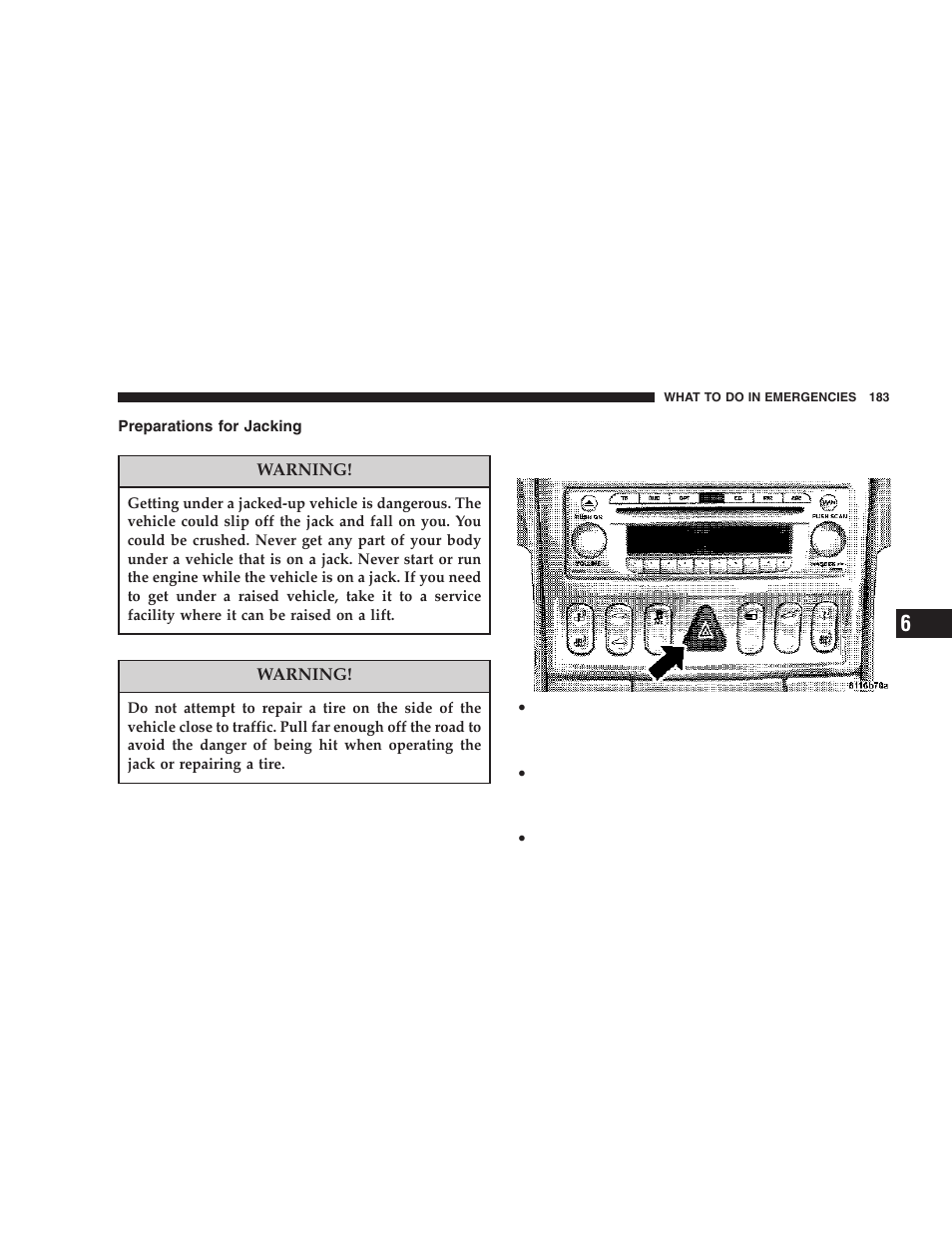 Preparations for jacking | Chrysler 2006 Crossfire User Manual | Page 183 / 296