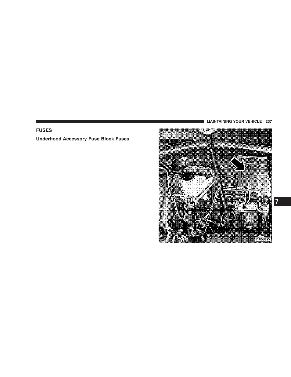 Fuses, Underhood accessory fuse block fuses | Chrysler 2006 Crossfire User Manual | Page 237 / 296