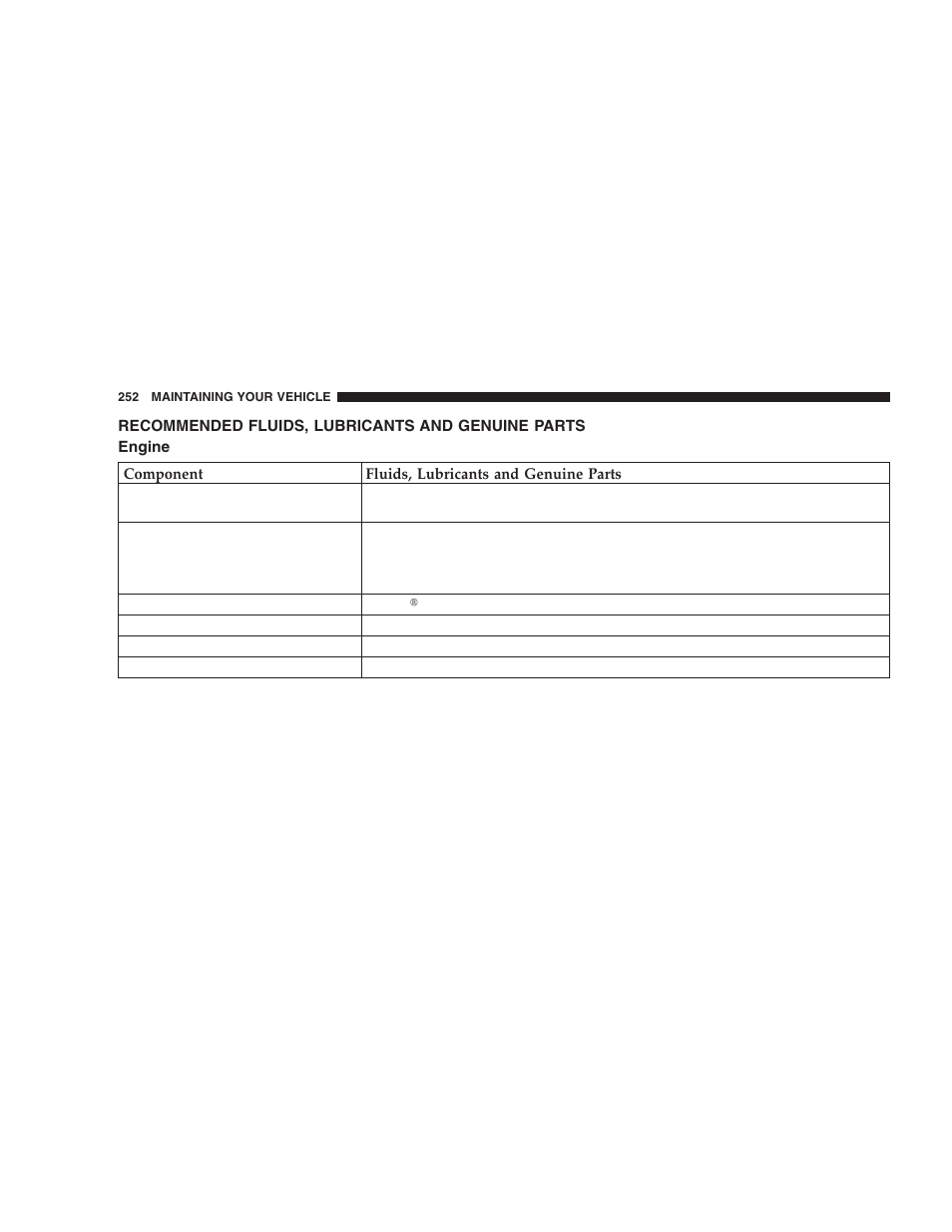 Recommended fluids, lubricants and, Genuine parts, Engine | Chrysler 2006 Crossfire User Manual | Page 252 / 296