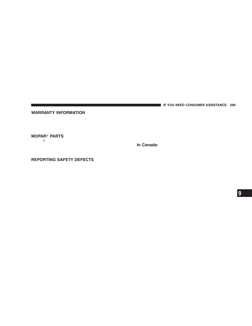 Warranty information, Mopar௡ parts, Reporting safety defects | In canada | Chrysler 2006 Crossfire User Manual | Page 269 / 296