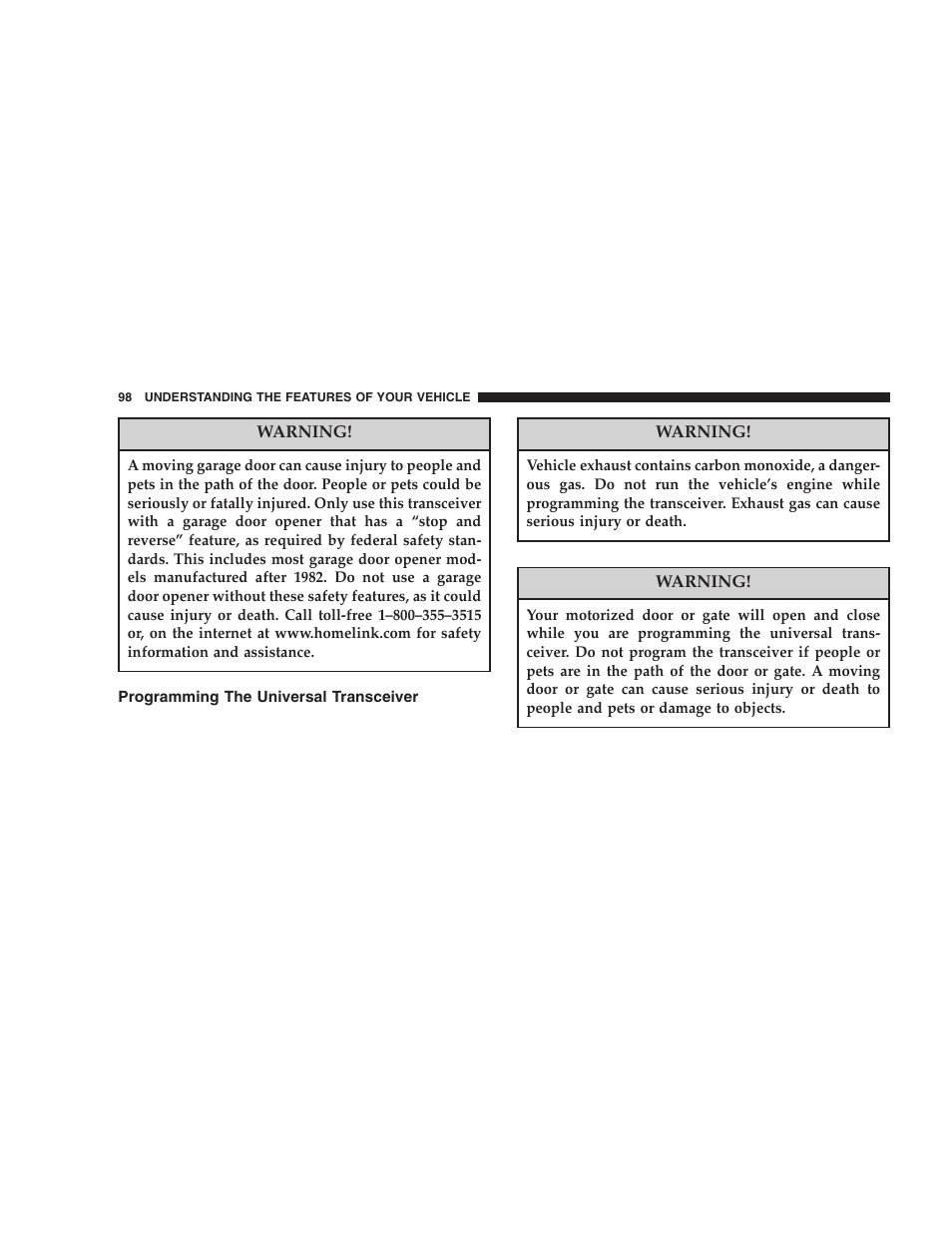 Programming the universal transceiver | Chrysler 2006 Crossfire User Manual | Page 98 / 296