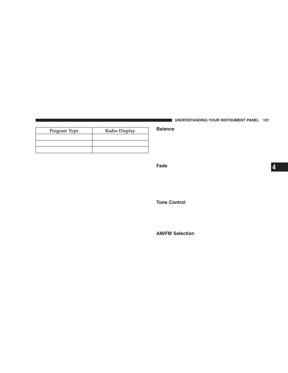 Balance, Fade, Tone control | Am/fm selection | Chrysler 2006 Sebring Sedan User Manual | Page 101 / 300