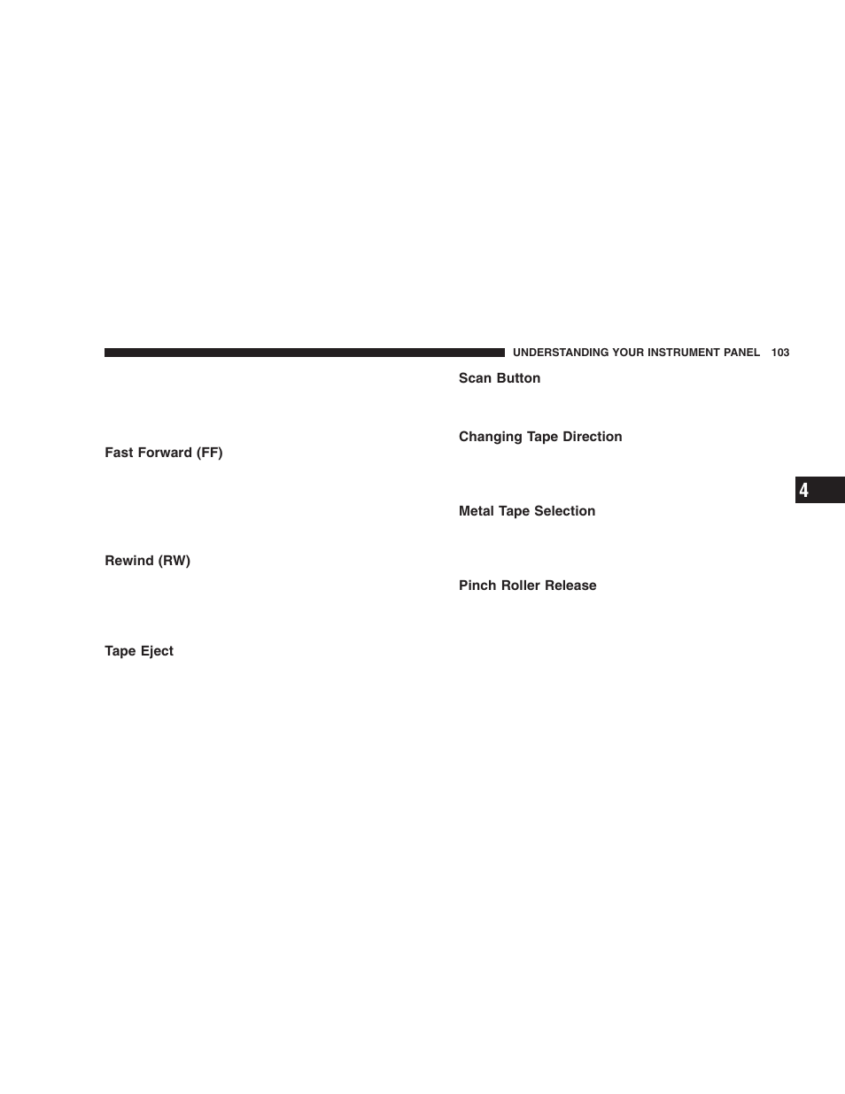 Fast forward (ff), Rewind (rw), Tape eject | Scan button, Changing tape direction, Metal tape selection, Pinch roller release | Chrysler 2006 Sebring Sedan User Manual | Page 103 / 300