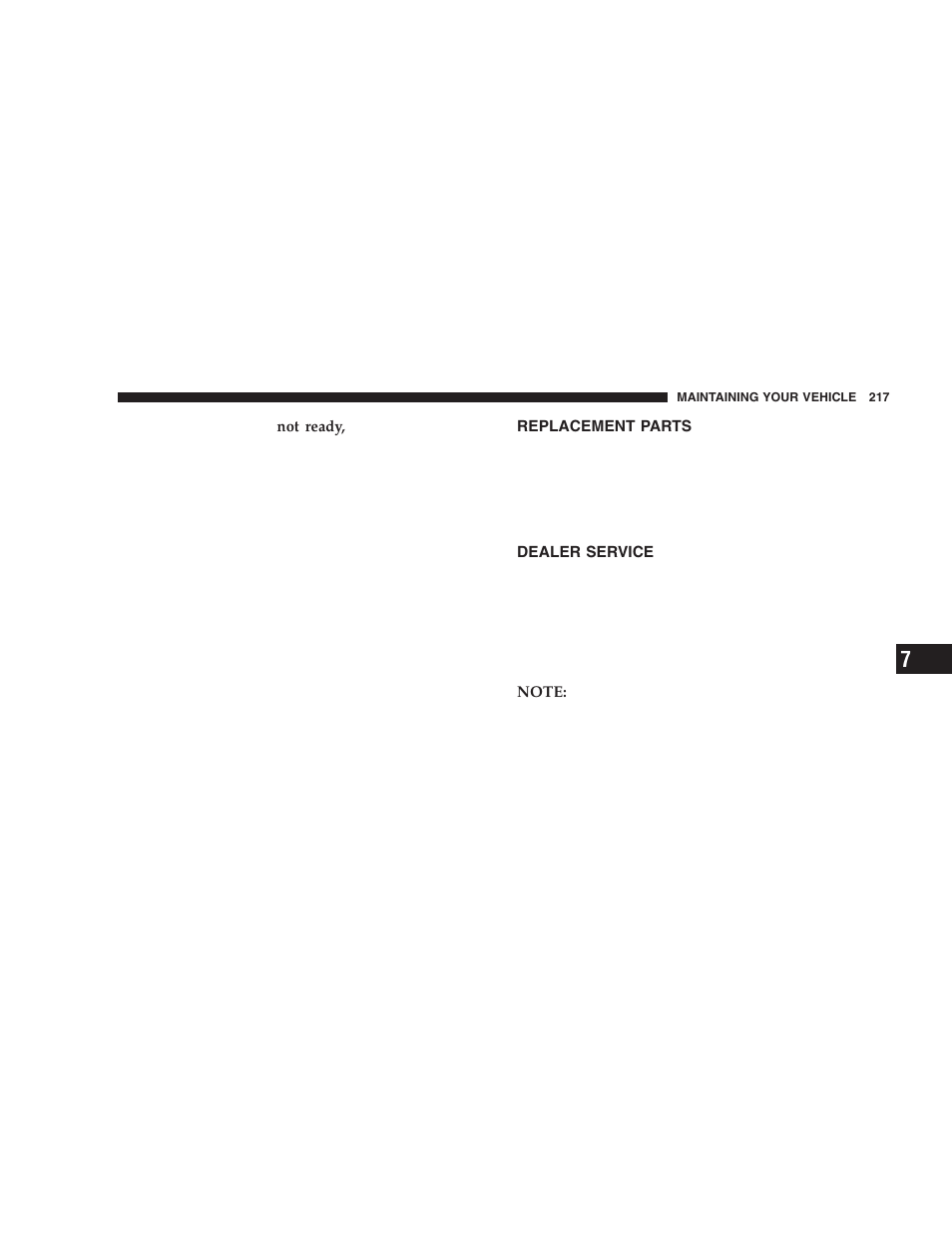 Replacement parts, Dealer service | Chrysler 2006 Sebring Sedan User Manual | Page 217 / 300