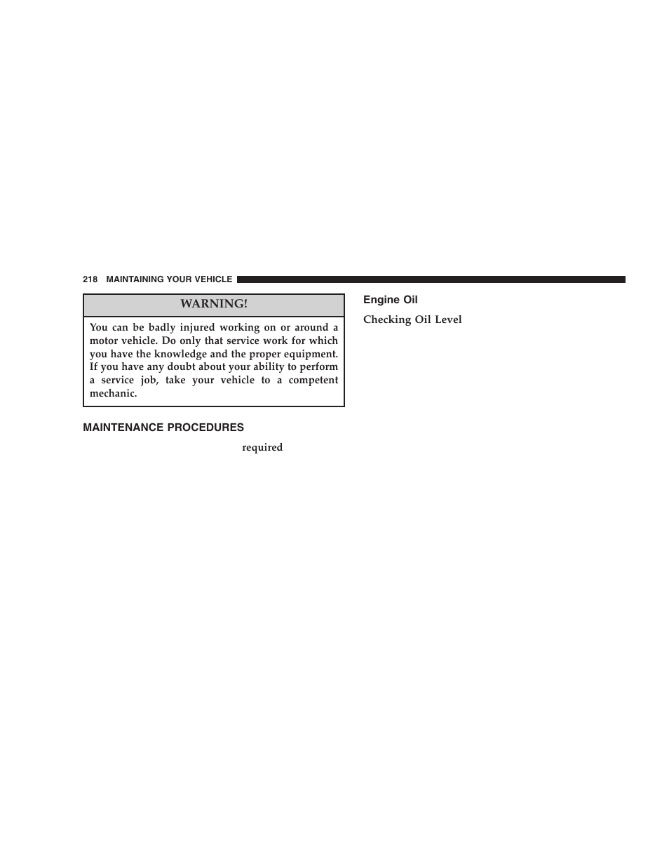 Maintenance procedures, Engine oil | Chrysler 2006 Sebring Sedan User Manual | Page 218 / 300