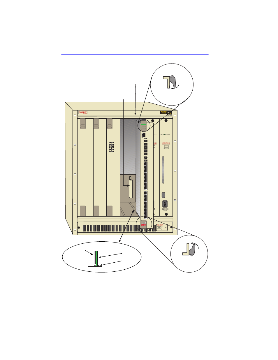 Figure 3-1, Panel of the chassis. refer to, Figure 3-1 installing an interface module | Plastic locking tab slot number, Backplane connector | Cabletron Systems 6H122-16 User Manual | Page 28 / 158