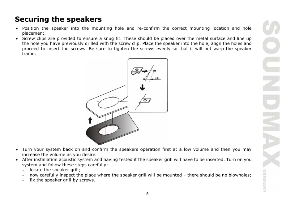 Securing the speakers | SoundMax SM-CSE403 User Manual | Page 5 / 13