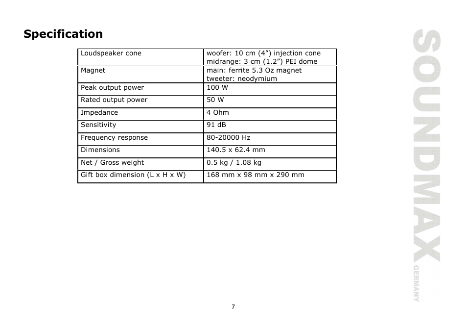 Specification | SoundMax SM-CSE403 User Manual | Page 7 / 13