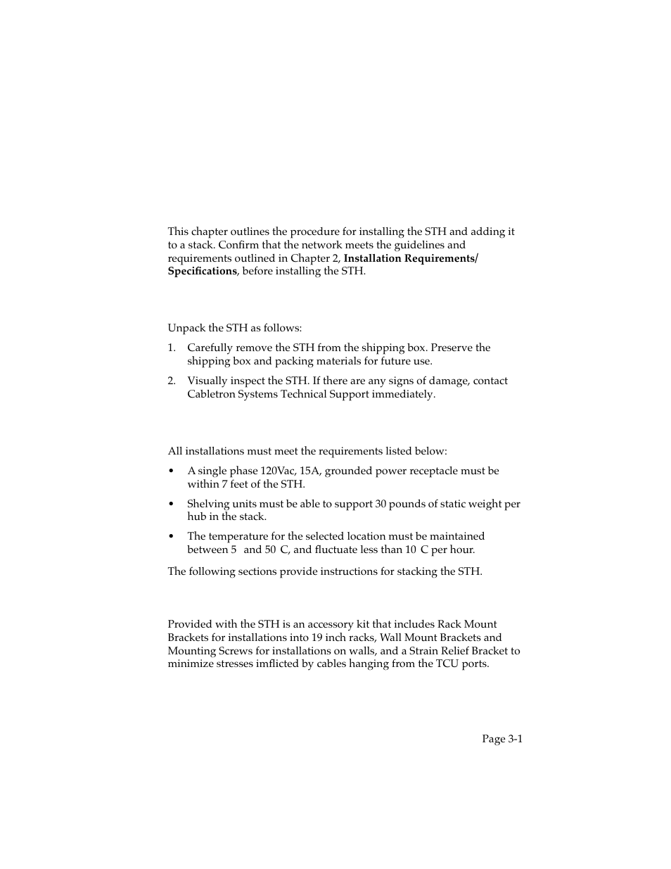 Installation, 1 rack mount or wall mount hardware, Chapter 3 | Contains instr | Cabletron Systems STHI 44 STHI-44 User Manual | Page 26 / 35