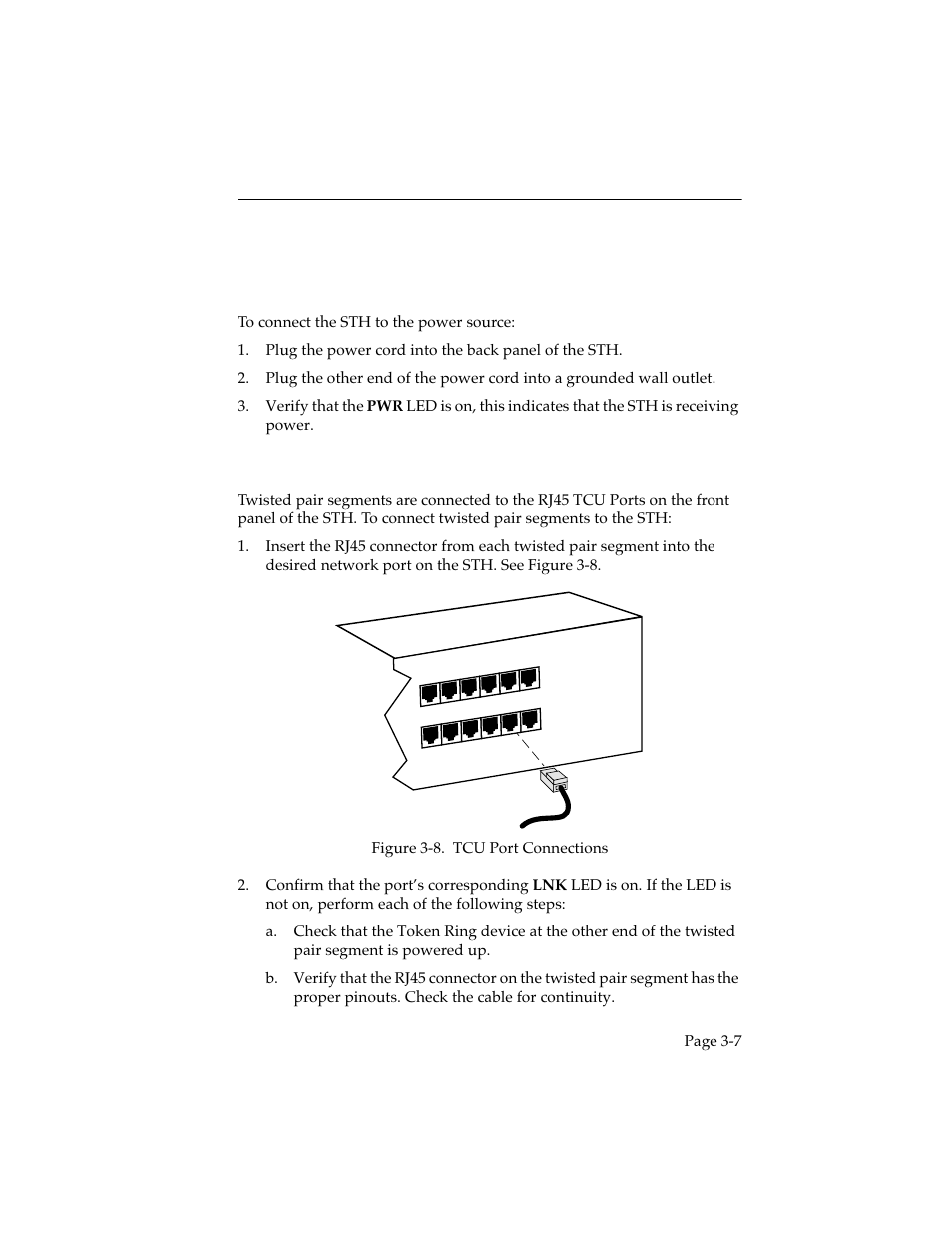 7 connecting the sth to the power source, 8 attaching network cabling to tcu ports | Cabletron Systems STHI 44 STHI-44 User Manual | Page 32 / 35