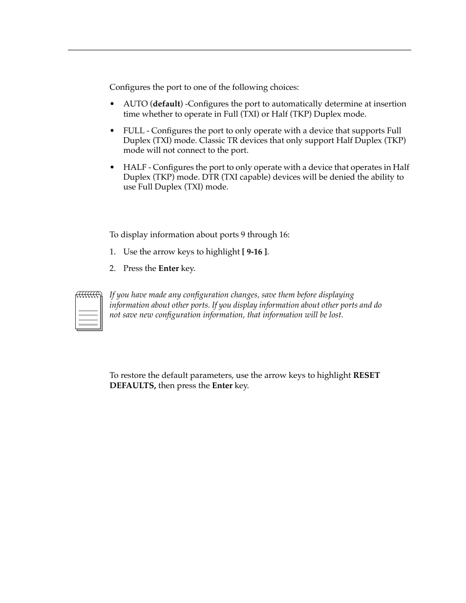 Displaying information about ports 9 through 16, Restoring default parameters | Cabletron Systems 9T427-16 User Manual | Page 9 / 16