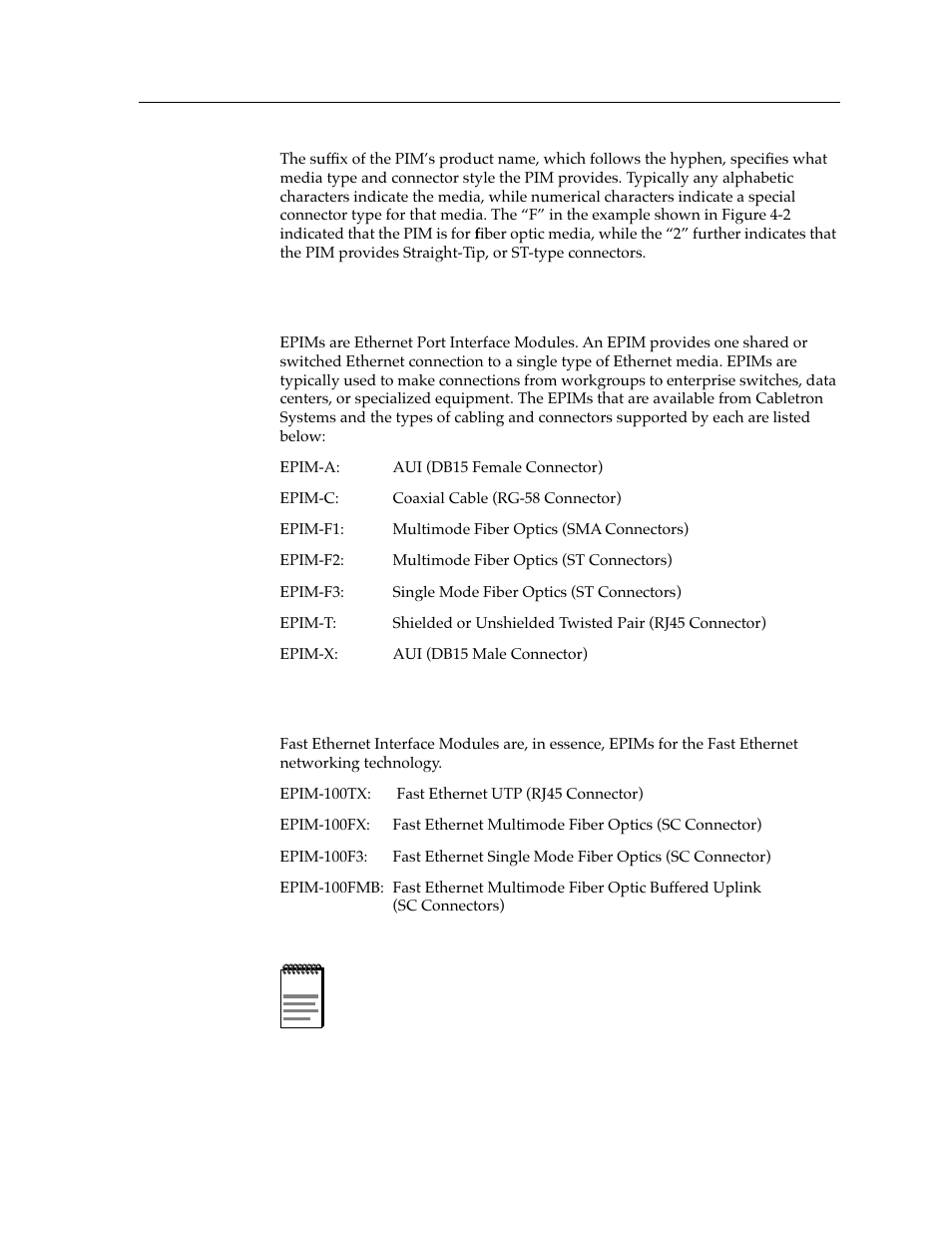 Epims, Fast ethernet interface modules | Cabletron Systems switches User Manual | Page 33 / 132