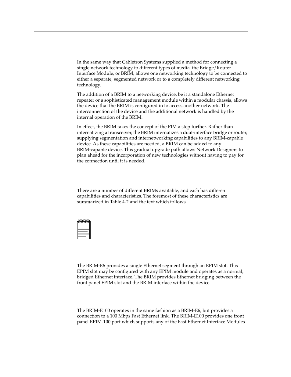 Bridge/router interface modules, Types of brims, Brim-e6 | Brim-e100, Bridge/router interface modules -8, Types of brims -8, Shared devices -1 | Cabletron Systems switches User Manual | Page 38 / 132